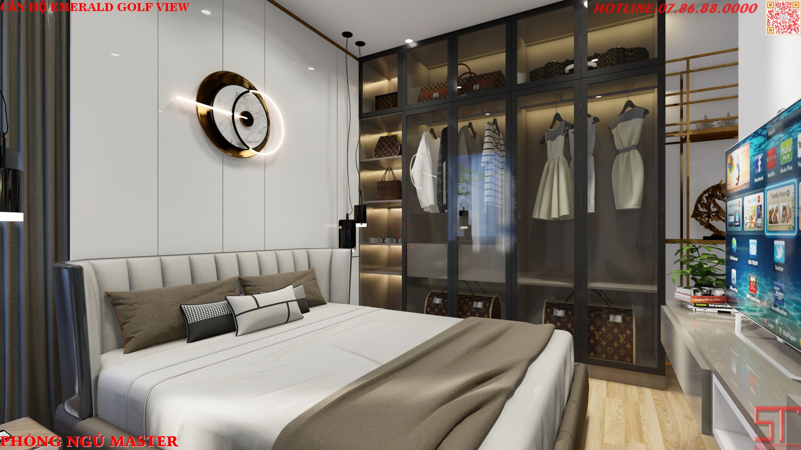 Thiết kế nội thất phòng ngủ căn hộ emerald golf view bình dương mẫu 3 phòng ngủ