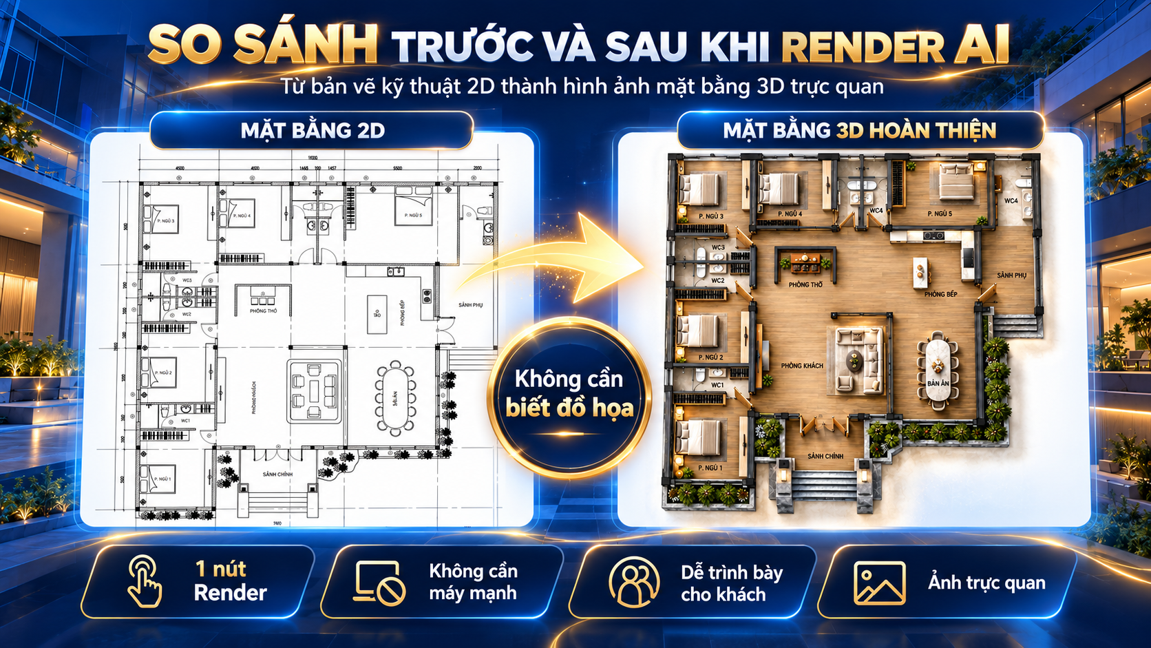 Chuyển bản vẽ mặt bằng 2D thành 3D bằng 5T AI Render